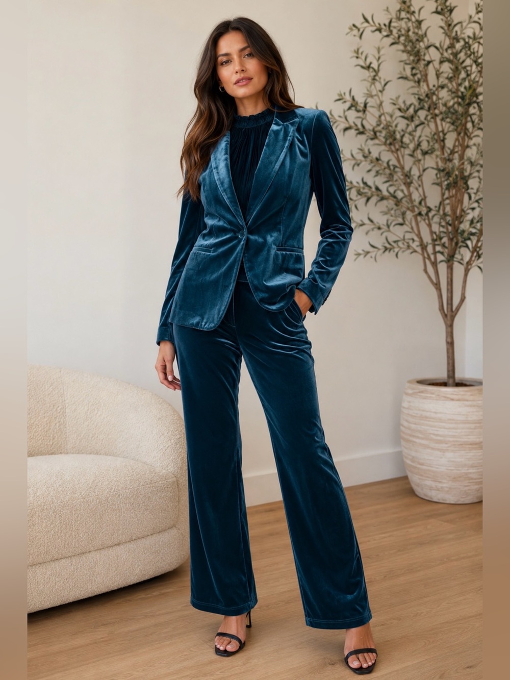 Nine West Velvet Blazer & Wide-Leg Pants Set w/ Mock Neck Pleated Top - Green